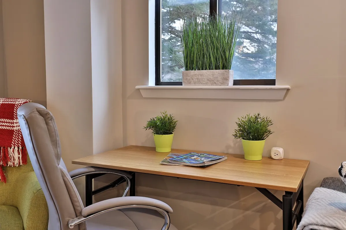 A calm, thoughtfully arranged workspace with a desk, plants, and magazines beside a window. Ample natural light creates an inviting atmosphere for productivity and relaxation, with a hint of the outdoors visible through the window.