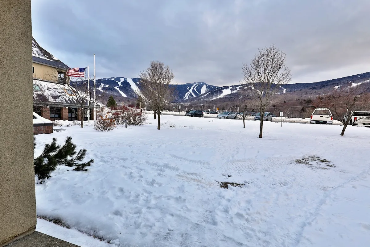 A scenic exterior view showcasing snow-covered ground, mountain slopes in the background, scattered trees, vehicles, and the American flag softly waving. The landscape is tranquil, illustrating the winter wonderland atmosphere and the proximity to ski runs.